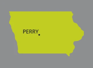 Map of Iowa with dot identifying the city of Perry