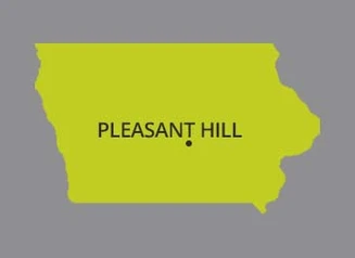 Map of Iowa with dot identifying the city of Pleasant Hill