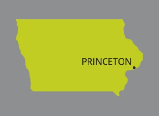 Map of Iowa with dot identifying the city of Princeton