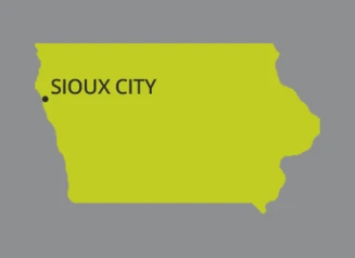 Map of Iowa with dot identifying the city of Sioux City