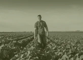 Young male farmer walking in soybean field