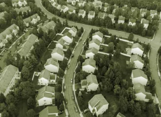 Aerial view of neighborhood houses and streets