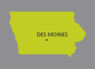 Map of Iowa with dot showing where Des Moines is