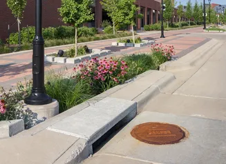 Street gutter with landscape surrounding.