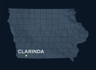 Map of Iowa showing the location of Clarinda, Iowa.