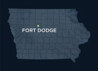 Map of Iowa showing the location of Fort Dodge, Iowa.