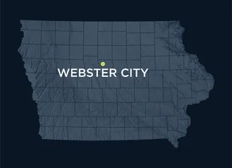 Map of Iowa showing the location of Webster City, Iowa.