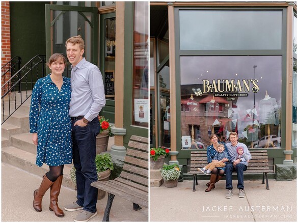 Portrait of Olivia and Josh Randall on left and of the entire Randall family in front of the Bauman's building on the left
