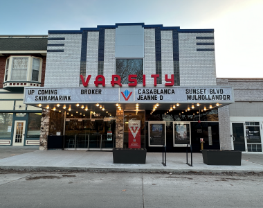 Exterior of the Varsity Cinema showing current and upcoming attractions