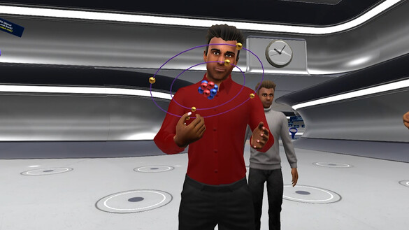 Virtual reality image of a man showing a chemistry model