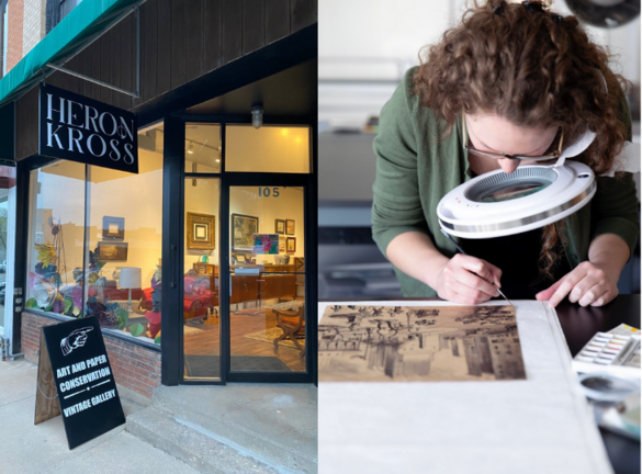 Split image of Erin Naylor working on a paper restoration project on the right and the Heron Kross storefront on the left