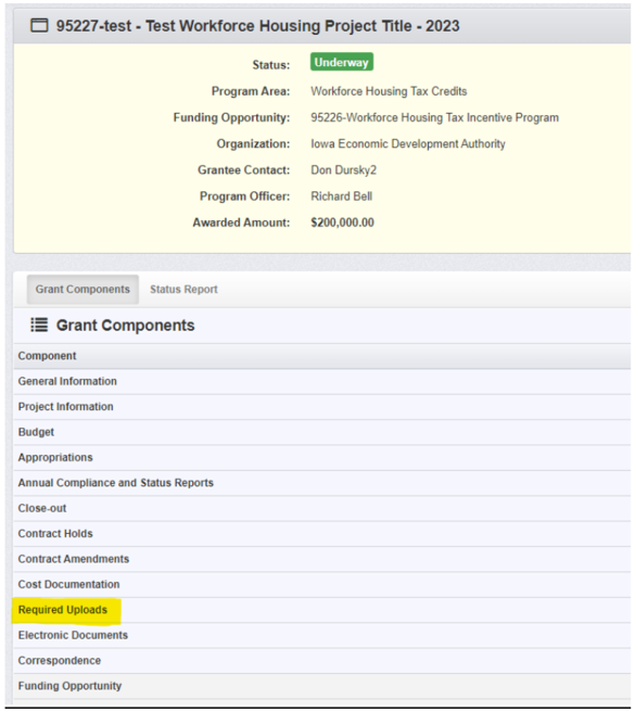 screenshot of required documents button on iowagrants.gov