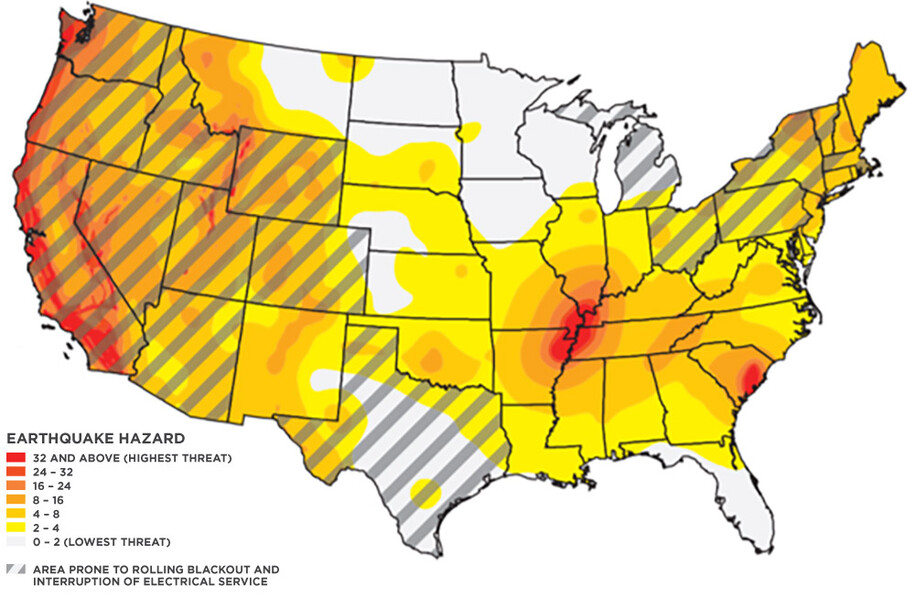 A map of the United States showing Iowa clear of most earthquake and blackout risks, most of which exist in the south and west of the state of Iowa.