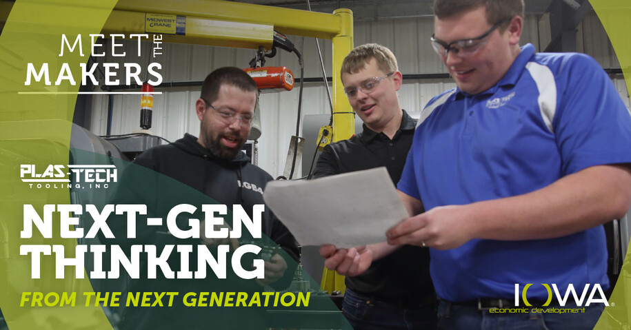 Meet the Makers Plas-Tech Tooling Next-Gen Thinking from the Next Generation showing three men looking at a sheet of paper