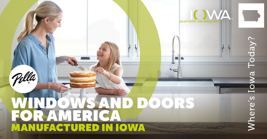 Windows and Doors for America Manufactured in Iowa: Pella with a woman and a child baking a cake in a kitchen with large windows