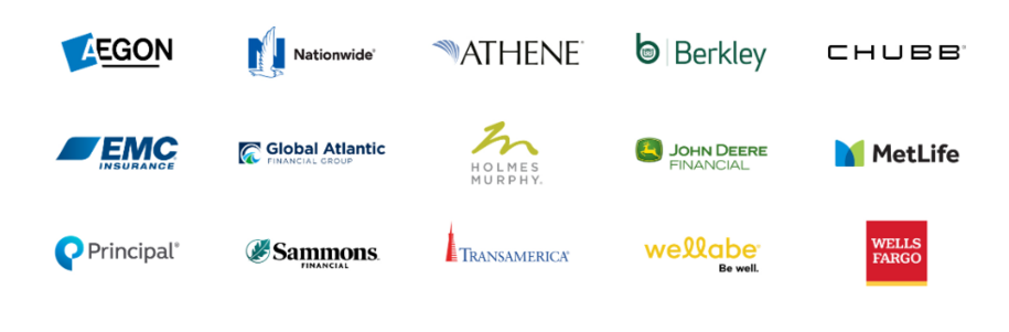 Grid of Iowa Finance and Insurance Companies in Iowa: Aegon, Nationwide, Athene, Berkley, Chubb, EMC Insurance, Global Atlantic Financial Group, Holmes Murphy, John Deere Financial, MetLife, Principal, Sammons Financial, TransAmerica, Wellabe and Wells Fargo