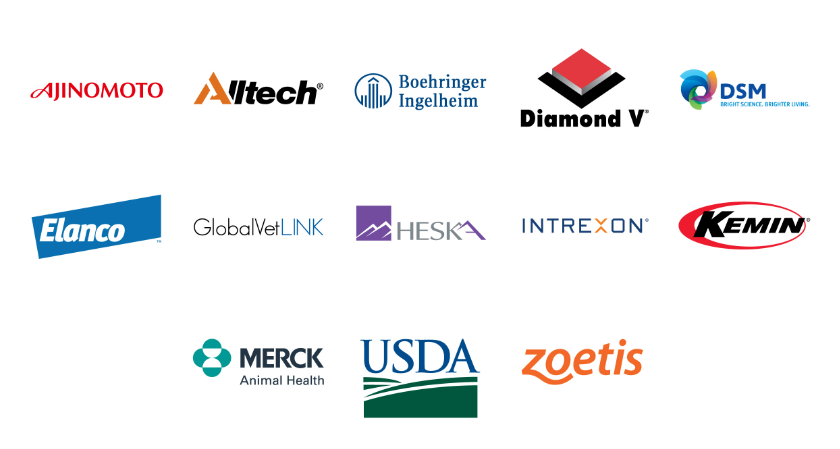 Ajinomoto, Alltech, Boehringer, Ingelheim, Diamond V, DSM, Elanco, Global Vet Link, Heska, Intrexon, Kemin, Merck Animal Health, USDA, Zoetis