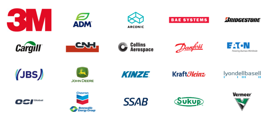 3M, ADM, Arconic, Bae Systems, Bridgestone, Cargill, CNH, Collins Aerospace, Danfoss, Eaton, JBS, John Deere, Kinze, KraftHeinz, LyondellBasell, OCI Global, Chevron Renewable Energy Group, SSAB, Sukup, Vermeer