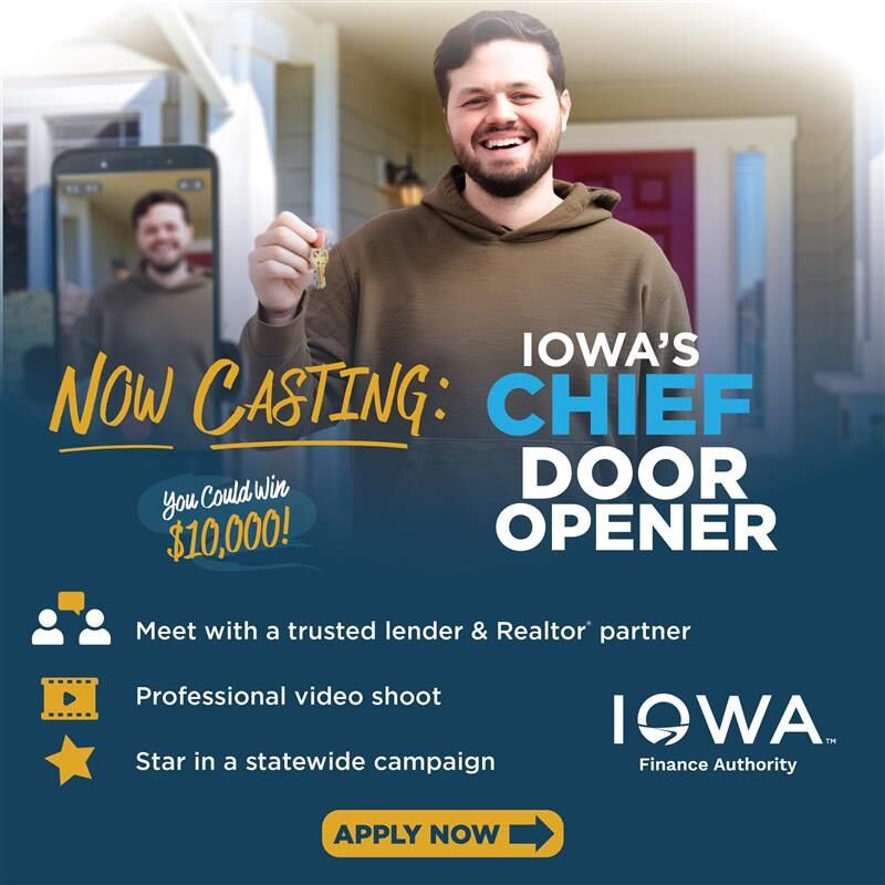 promotional graphic with a man standing in front of a door with a tripod filming