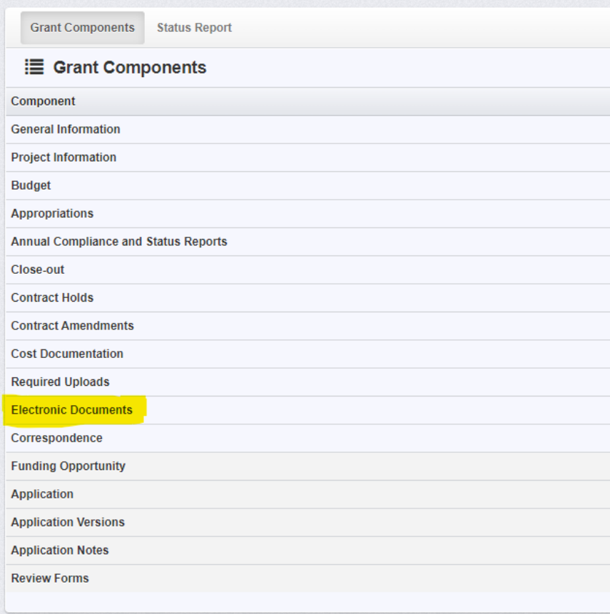 screenshot of electronic documents button in iowagrants.gov
