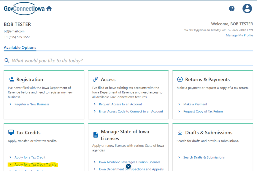 screenshot of apply for a tax credit transfer button in govconnectiowa
