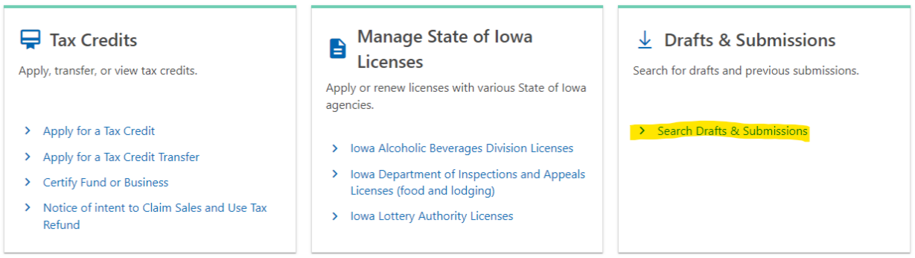 screenshot of search drafts and submissions button in govconnectiowa